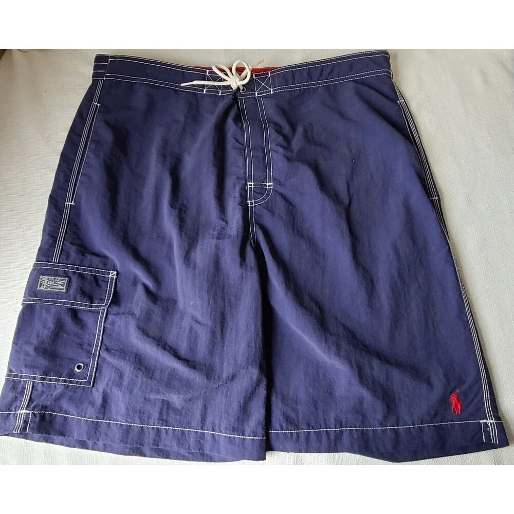 Polo Ralph Lauren Swim Trunks Mens L Blue Board Shorts Cargo Drawstring Blue